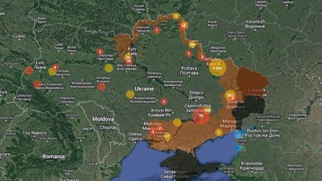 Interaktive Karte über verminte Regionen, die untersucht und geräumt werden müssen. Eine vom Staatlichen Notfalldienst der Ukraine entwickelte mobile App warnt, wenn man sich einem dieser Gebiete nähert.